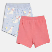 Baby Girls Printed And Solid Knit Shorts Pack Of 2, Light Blue And Coral