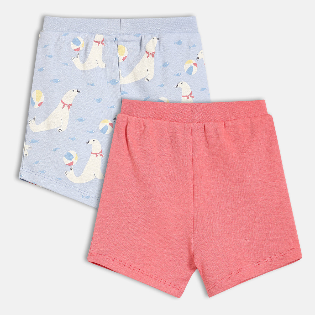 Baby Girls Printed And Solid Knit Shorts Pack Of 2, Light Blue And Coral