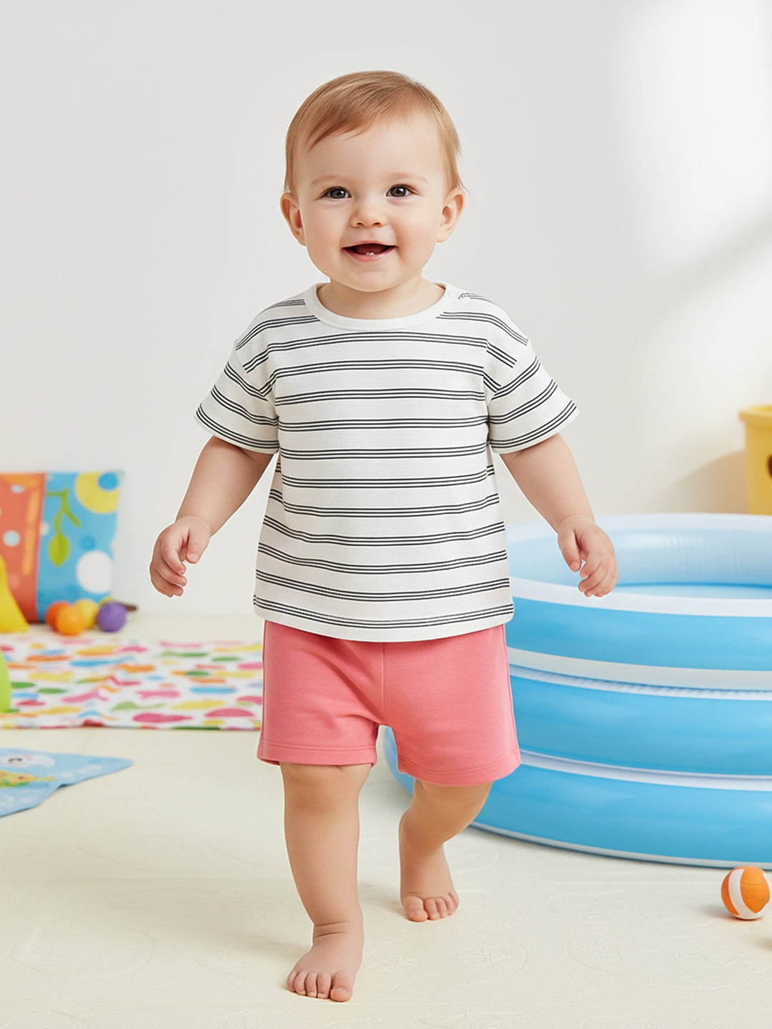 Baby Girls Printed And Solid Knit Shorts Pack Of 2, Light Blue And Coral