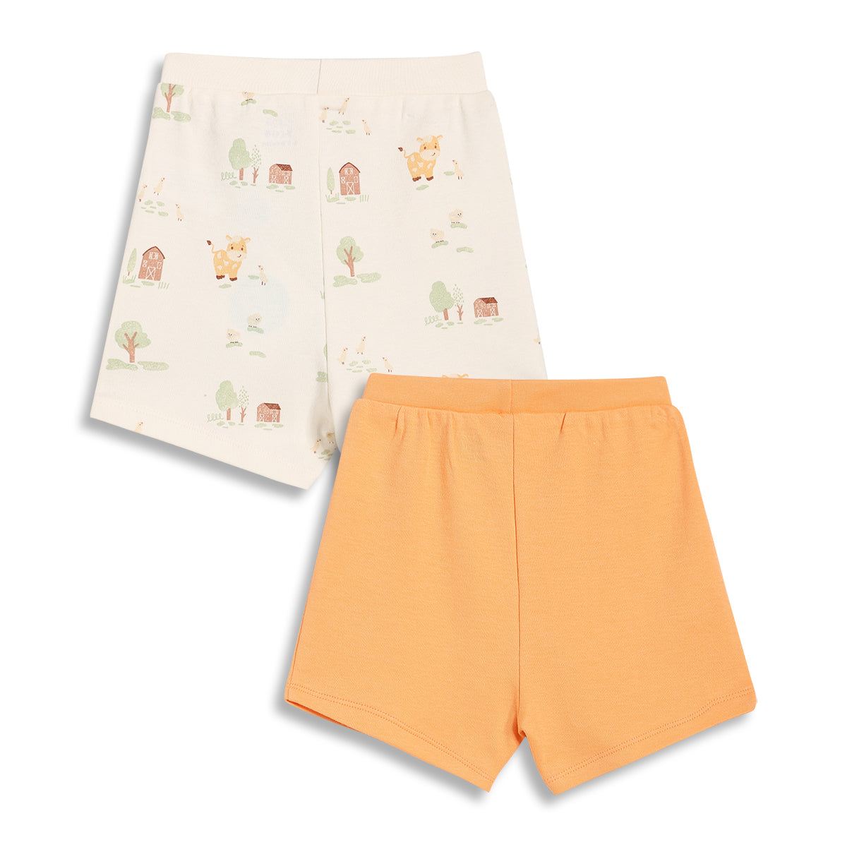 Baby Boys Farm Print and Solid Shorts Pack of 2, Cream and Orange