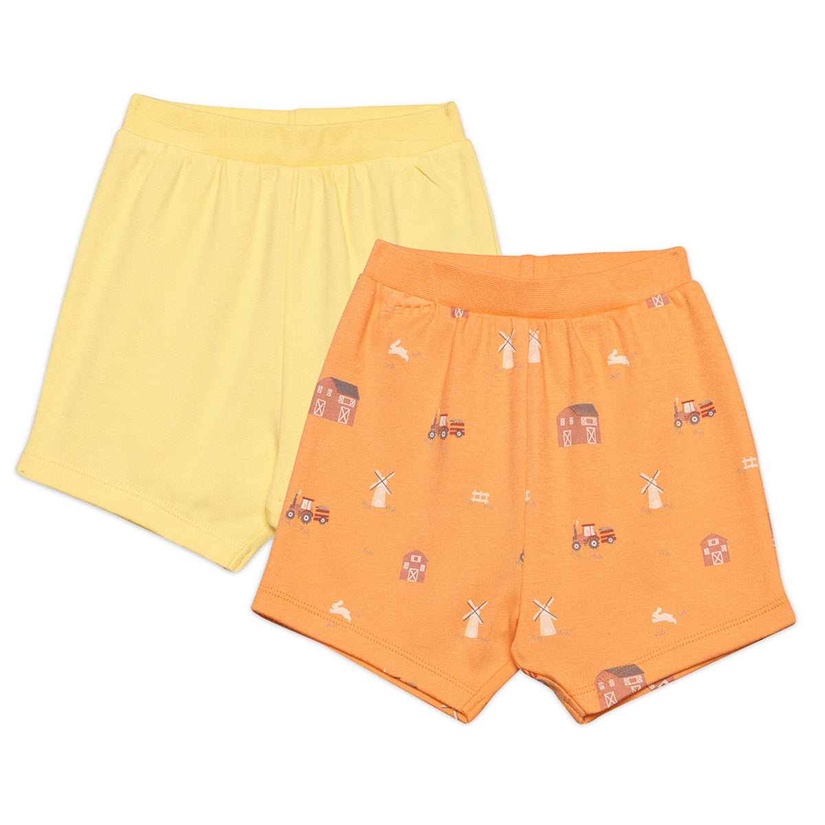 Baby Boys Solid and Farm Theme Printed Shorts Pack of 2, Multicolor