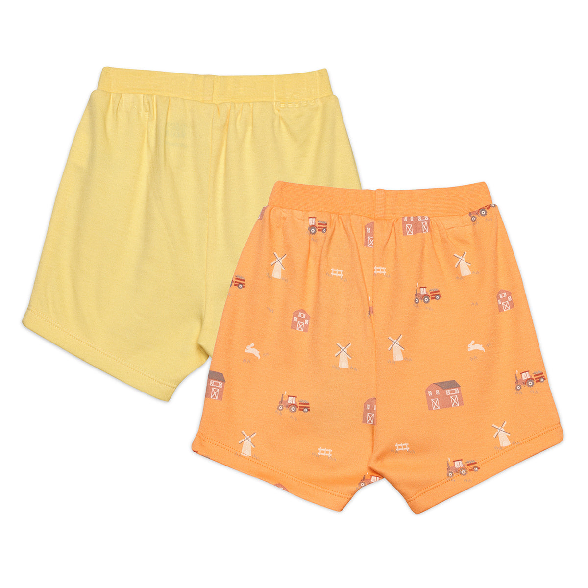 Baby Boys Solid and Farm Theme Printed Shorts Pack of 2, Yellow and Orange