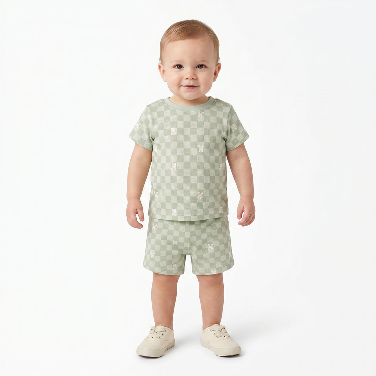 Baby Boys Checkered Print and Solid Shorts Pack of 2, Green and Beige