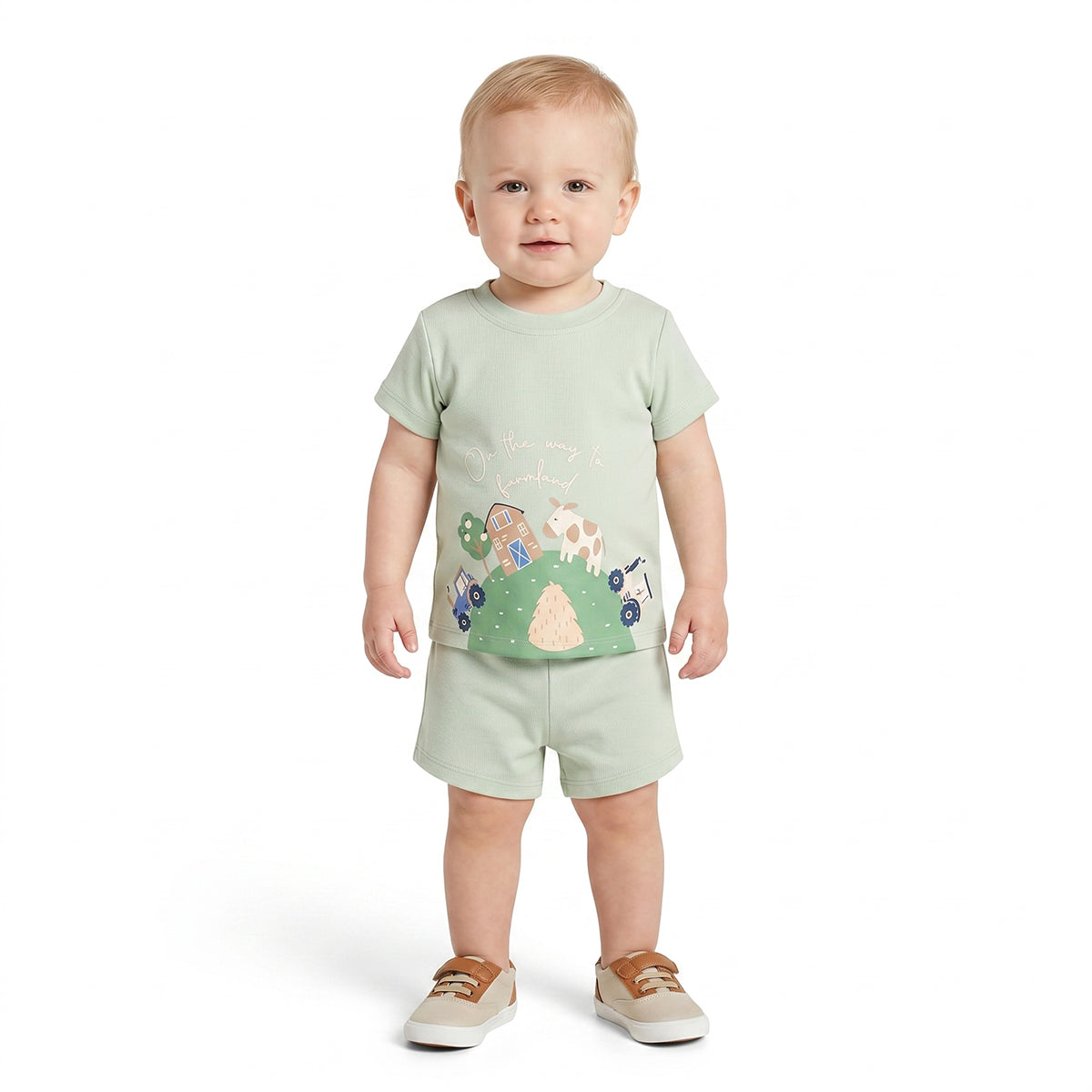 Baby Boys Bunny Print and Solid Shorts Pack of 2, Cream and Light Green