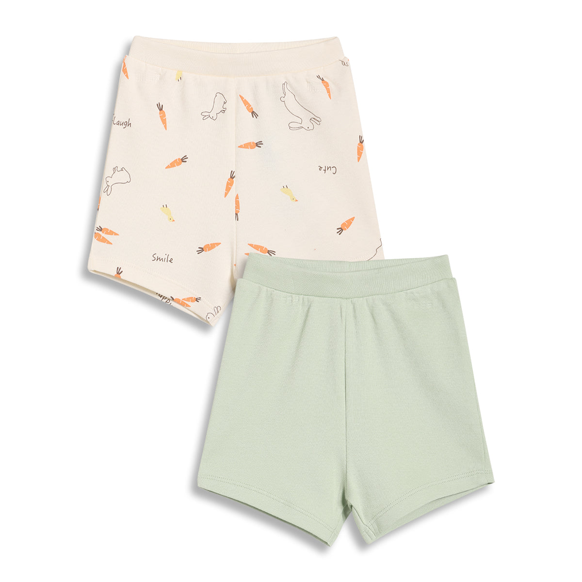 Baby Boys Bunny Print and Solid Shorts Pack of 2, Cream and Light Green