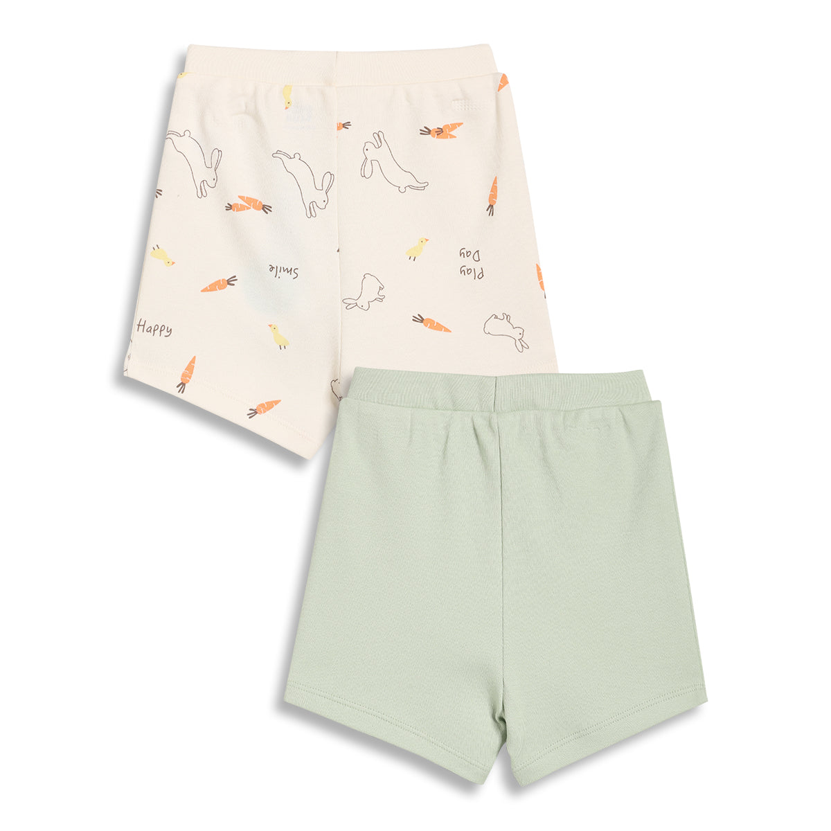 Baby Boys Bunny Print and Solid Shorts Pack of 2, Cream and Light Green