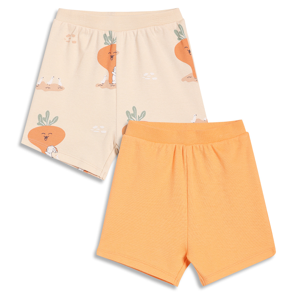 Baby Boys Carrot Print and Solid Shorts Pack of 2, Cream and Orange