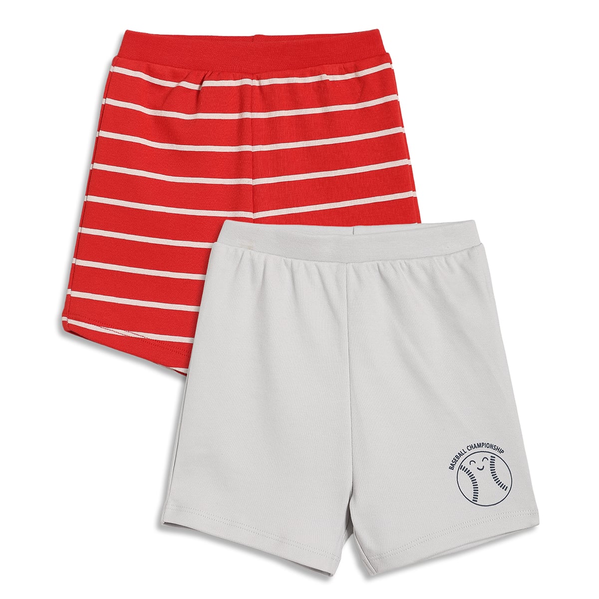 Baby Boys Striped and Printed Knit Shorts Pack of 2, Red and Light Grey