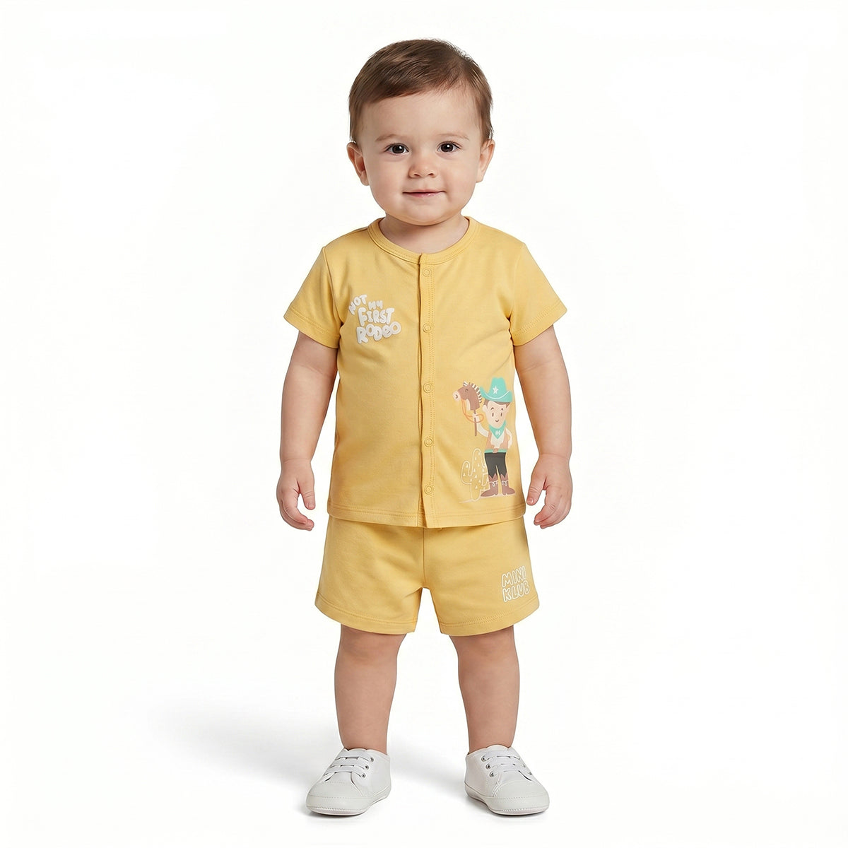 Baby Boys Cowboy Print and Solid Shorts Pack of 2, Mint Green and Yellow