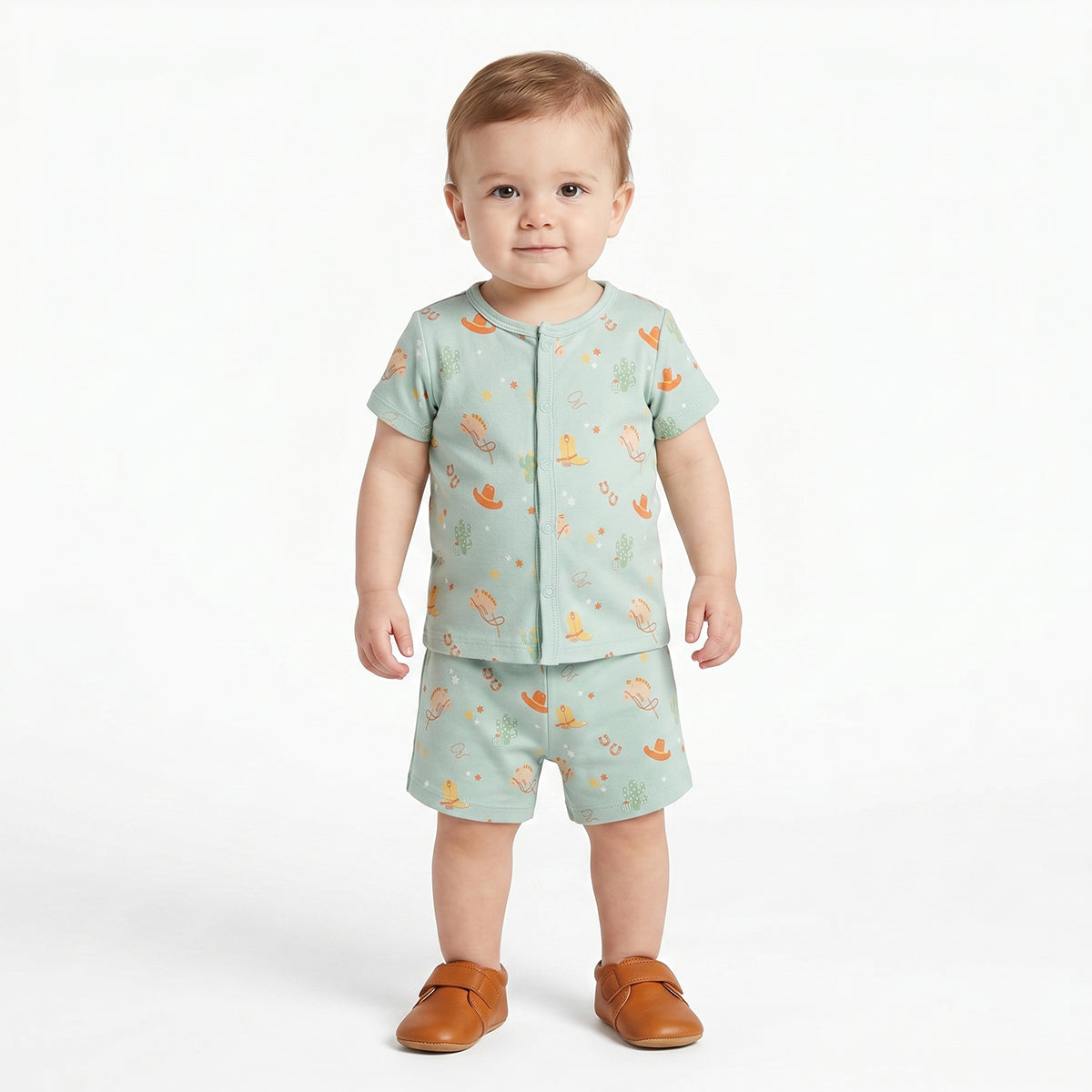 Baby Boys Cowboy Print and Solid Shorts Pack of 2, Mint Green and Yellow