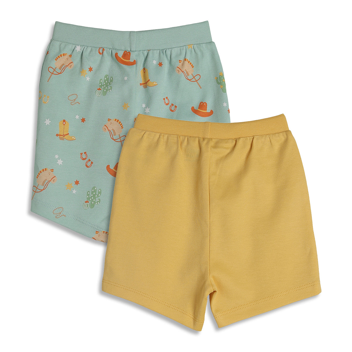 Baby Boys Cowboy Print and Solid Shorts Pack of 2, Mint Green and Yellow