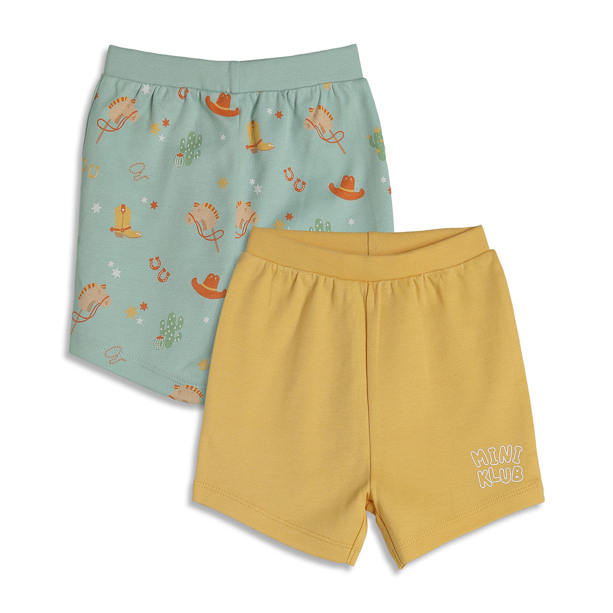 Baby Boys Cowboy Print and Solid Shorts Pack of 2, Mint Green and Yellow