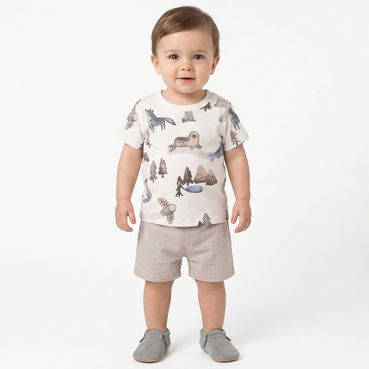 Baby Boys Pack Of 2 Blue and Off White Cotton T-Shirts Regular Fit Casual Kids T-Shirts