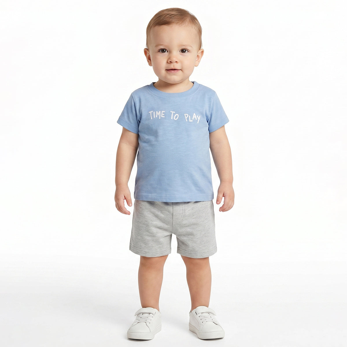 Baby Boys Pack Of 2 Blue and Off White Cotton T-Shirts Regular Fit Casual Kids T-Shirts
