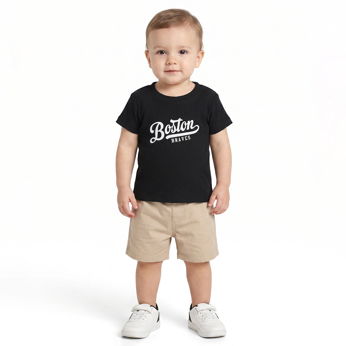 Baby Boys Black and Off White Cotton Printed T-Shirts Pack of 2 Regular Fit Casual Wear