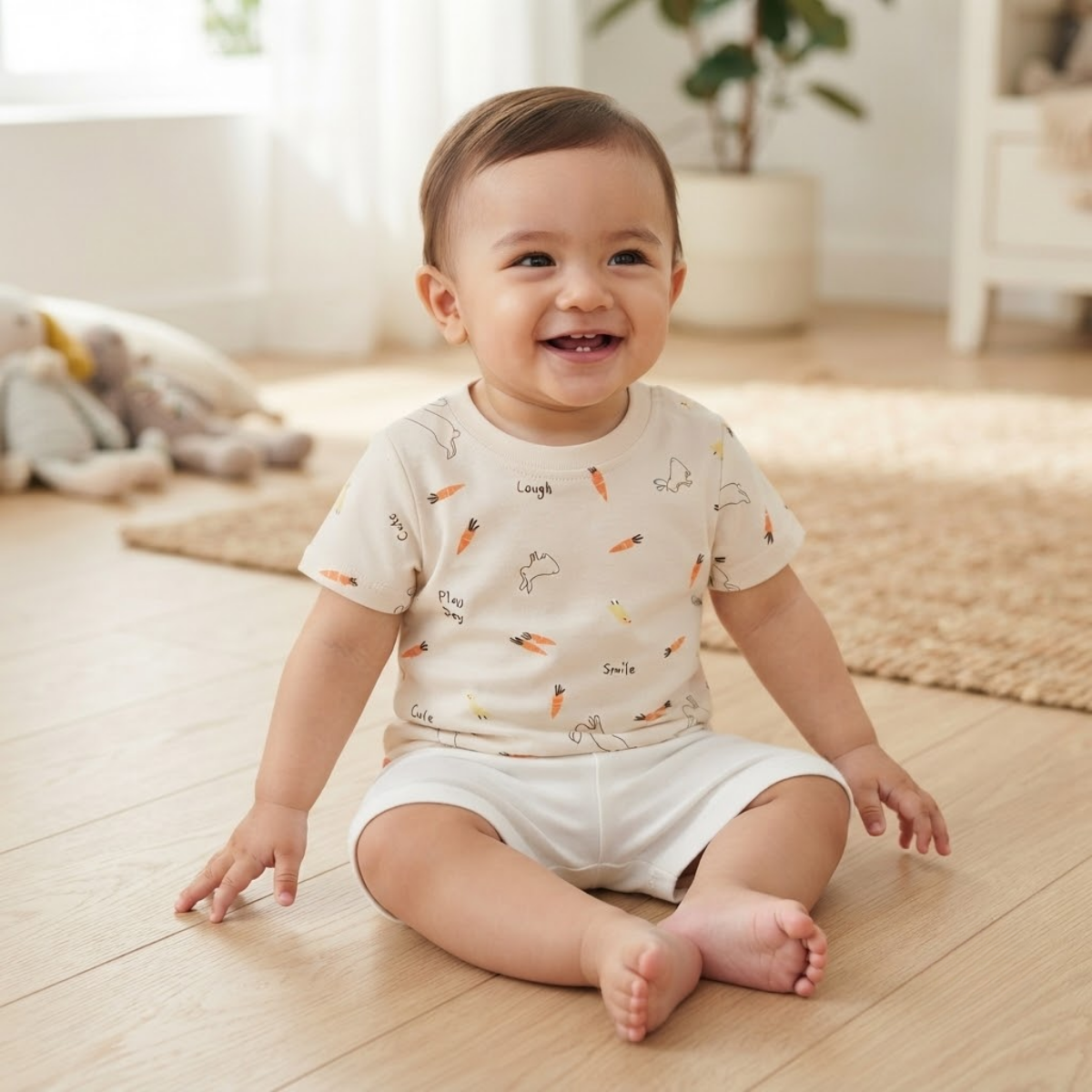 Baby Girls Ivory Cotton Bunny Print T-Shirt Regular Fit Casual Wear