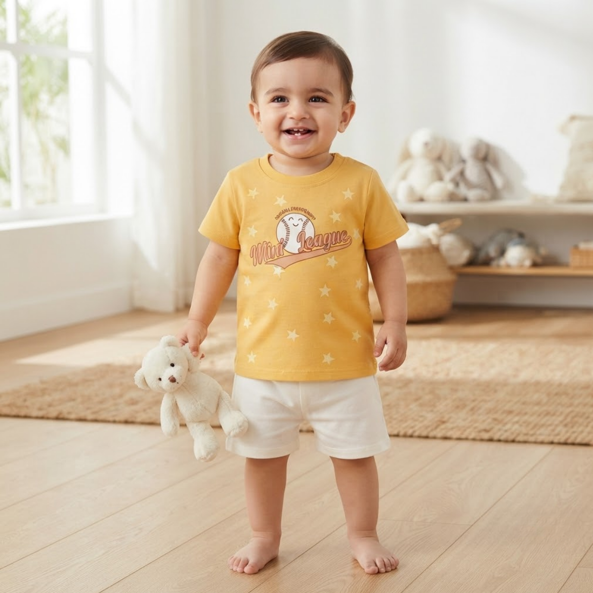 Baby Boys Yellow Cotton Baseball Graphic T-Shirt Regular Fit Casual Wear