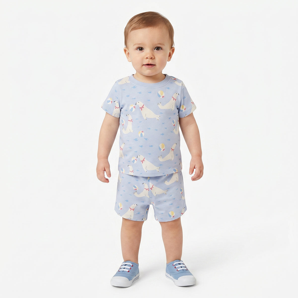 Baby Boys Seal Print and Solid T-Shirts Pack of 2, Blue and Coral