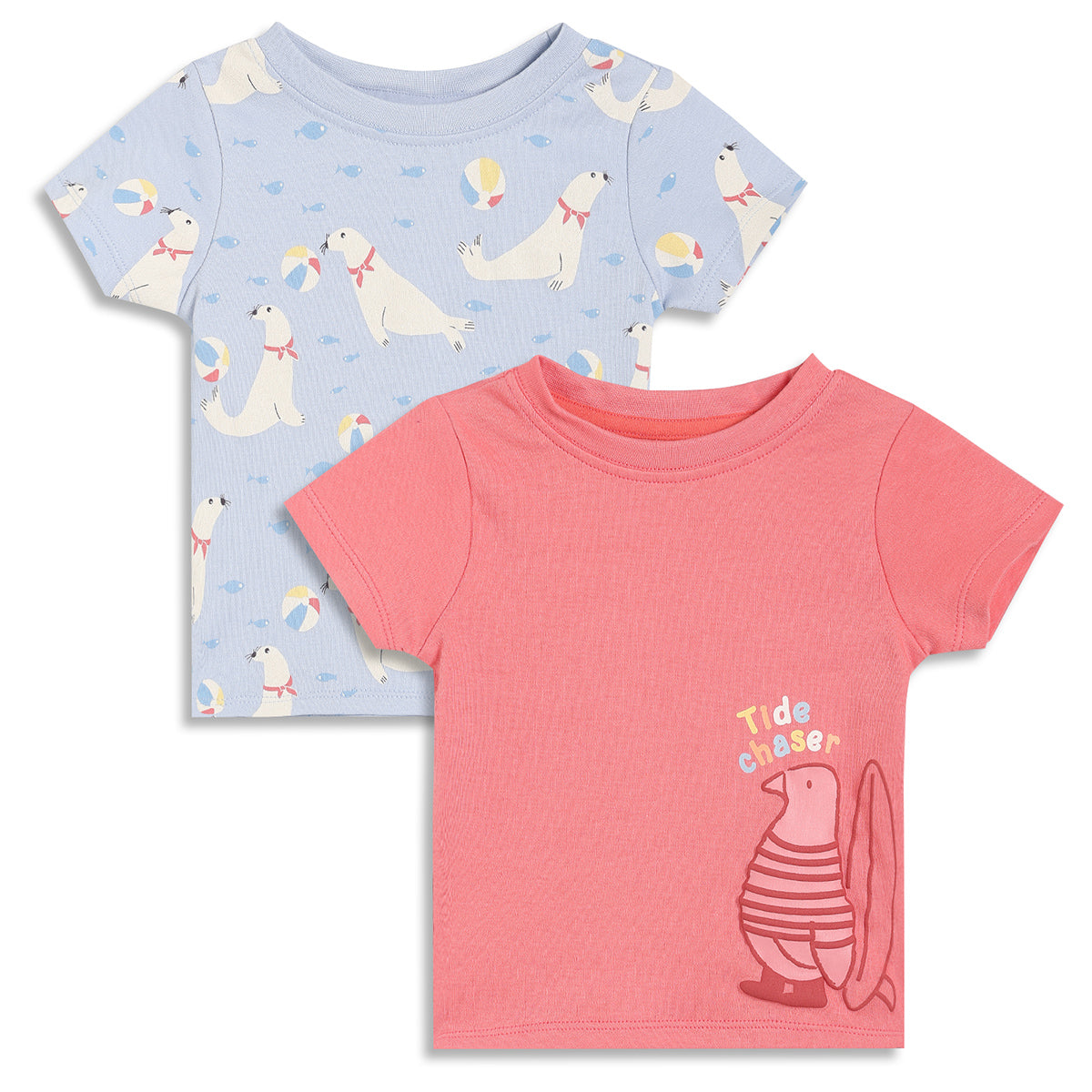 Baby Boys Seal Print and Solid T-Shirts Pack of 2, Blue and Coral