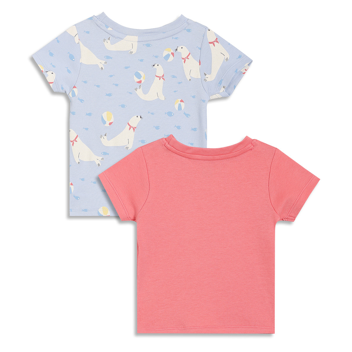 Baby Boys Seal Print and Solid T-Shirts Pack of 2, Blue and Coral