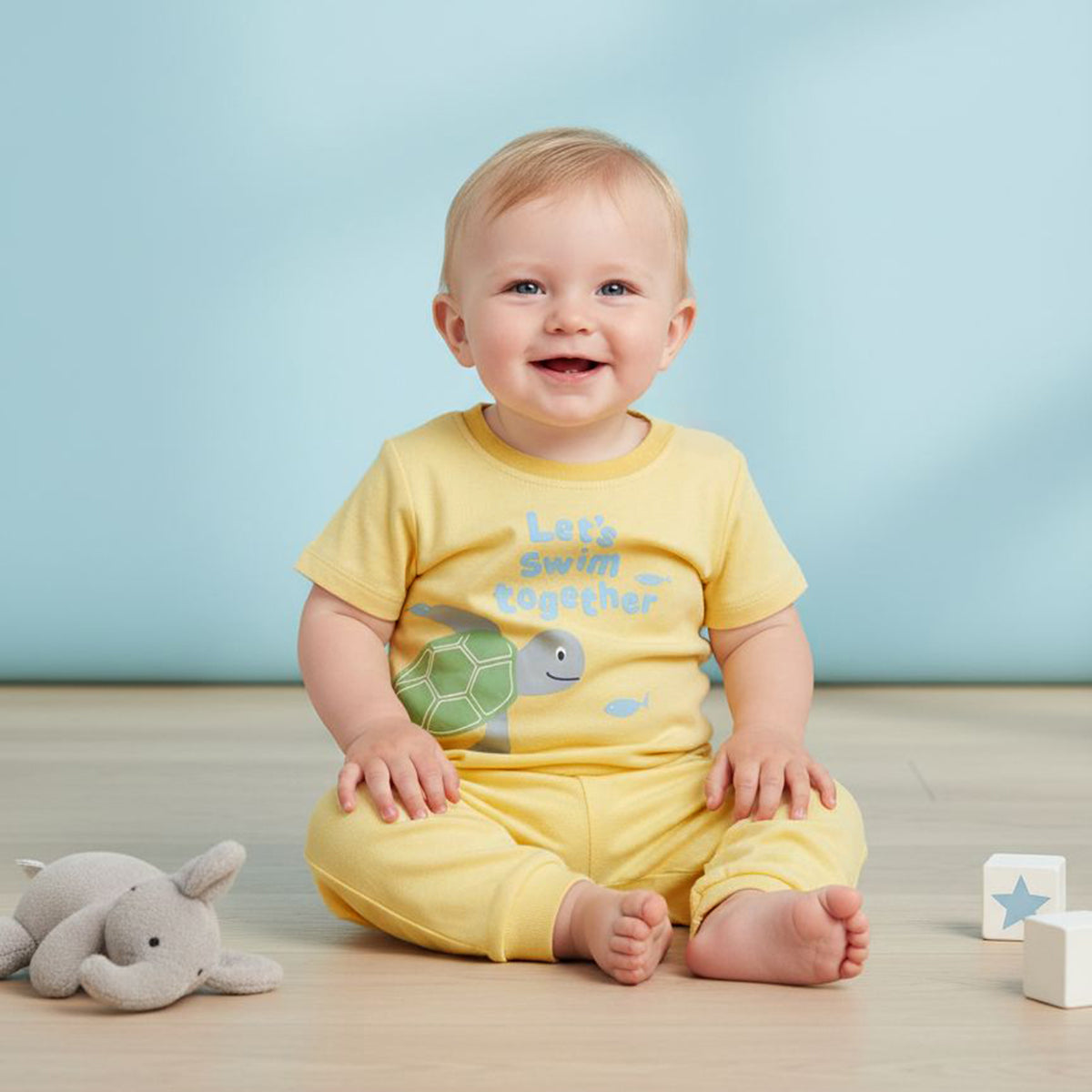 Baby Boys Text Printed T-Shirts Pack of 2 , Light Blue and Yellow