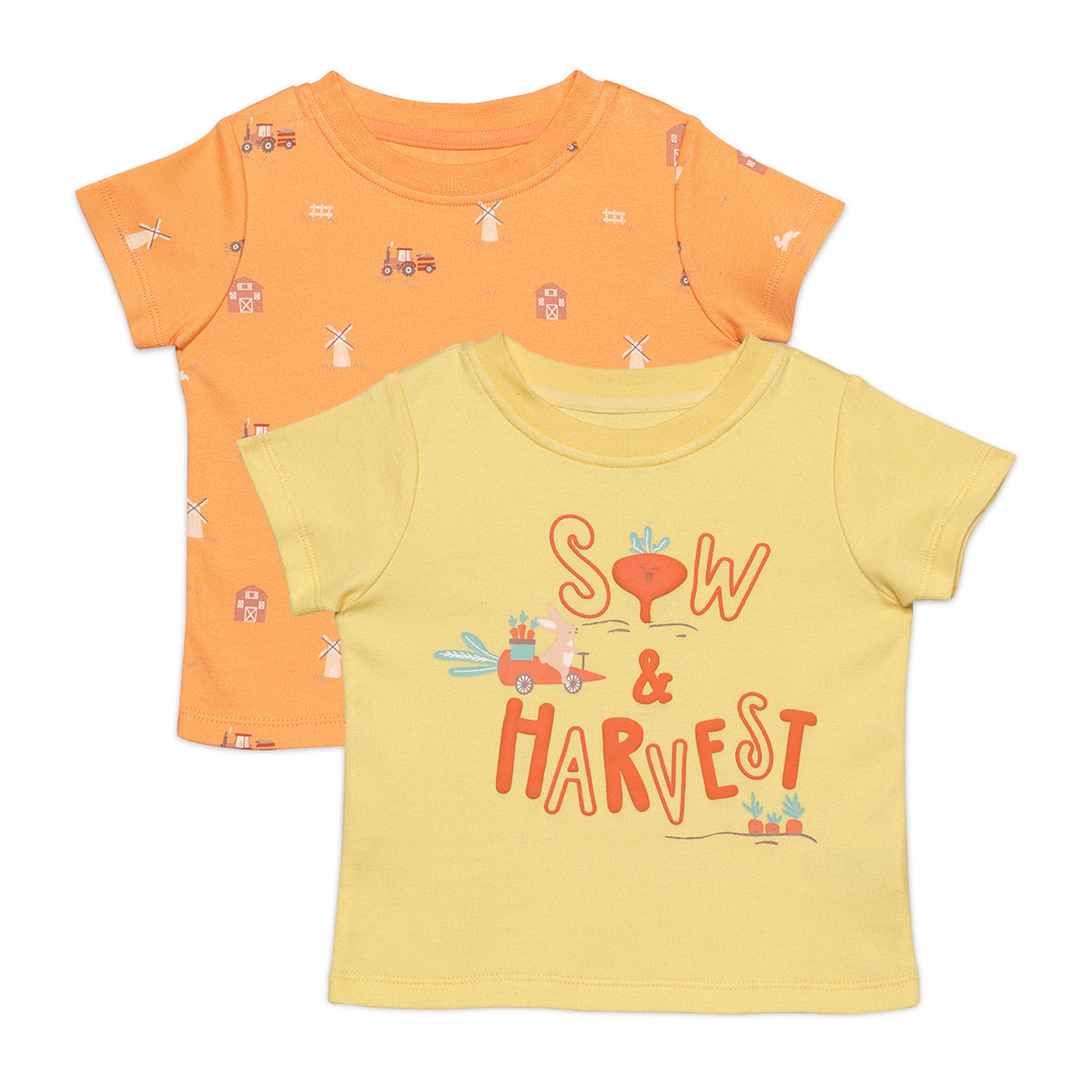 Baby Boys Text and Farm Theme Printed T-Shirts  Pack of 2, Orange and Yellow