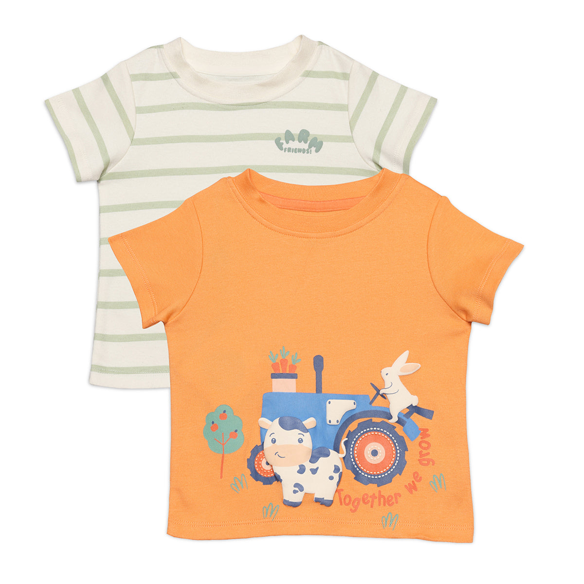 Baby Boys Striped and Farm Theme Printed T-Shirts Pack of 2, Orange and Cream