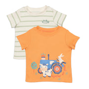 Baby Boys Striped and Farm Theme Printed T-Shirts Pack of 2, Orange and Cream