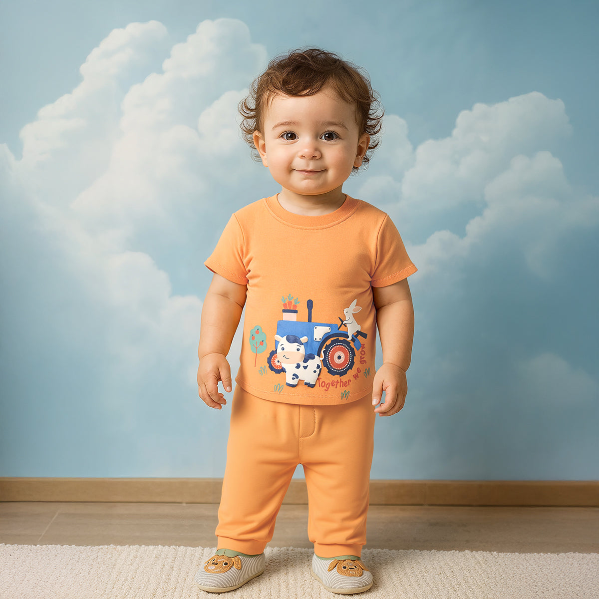 Baby Boys Striped and Farm Theme Printed T-Shirts Pack of 2, Orange and Cream
