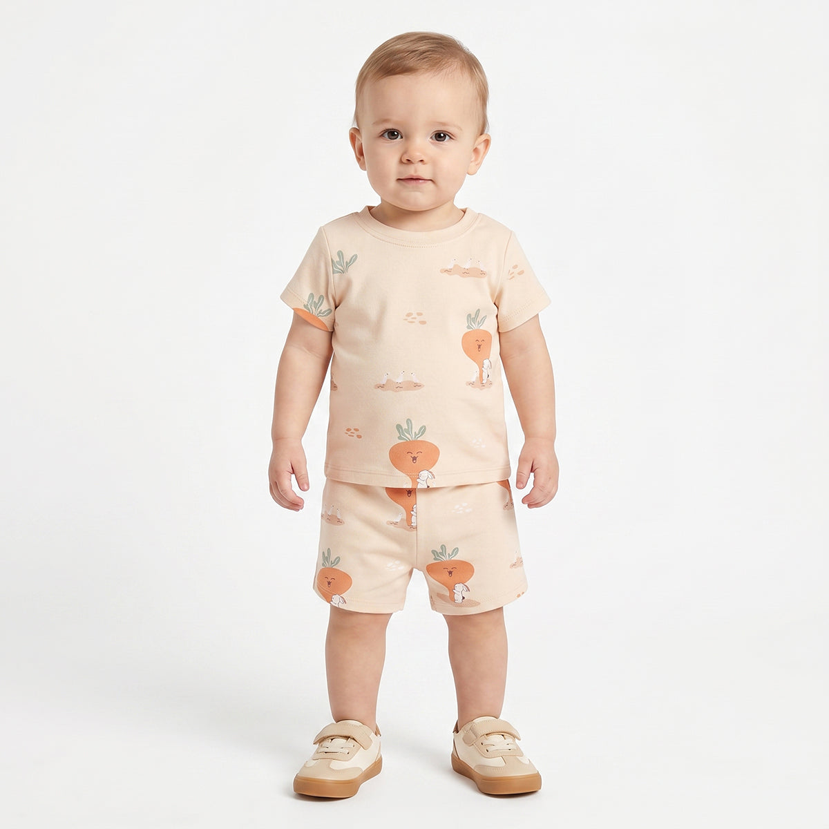 Baby Boys Carrot Print and Solid Shorts Pack of 2, Cream and Orange
