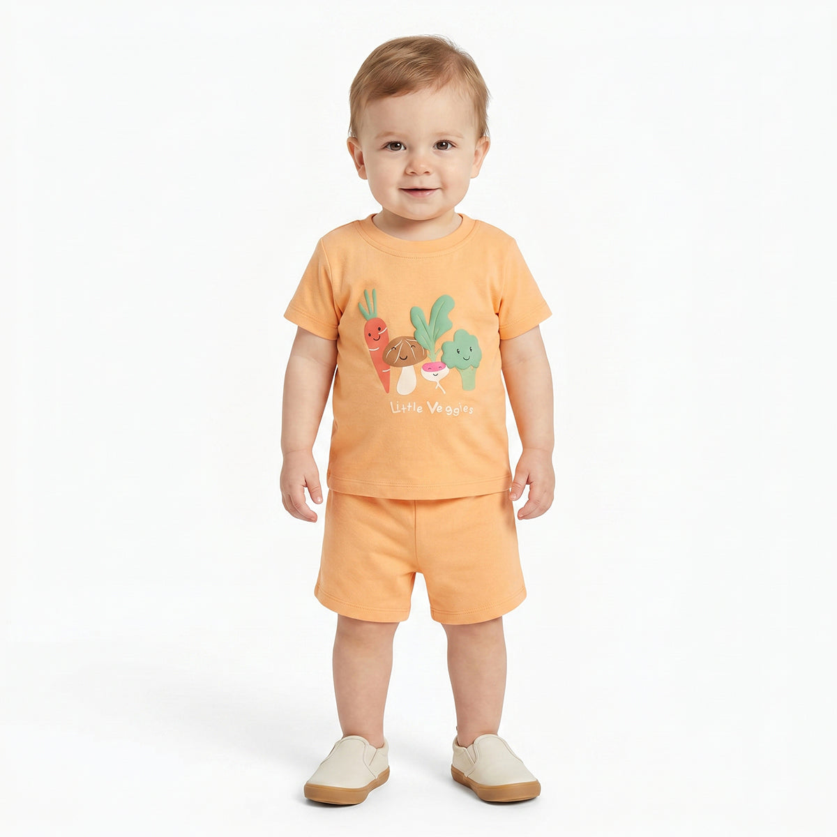 Baby Boys Carrot Print and Solid Shorts Pack of 2, Cream and Orange
