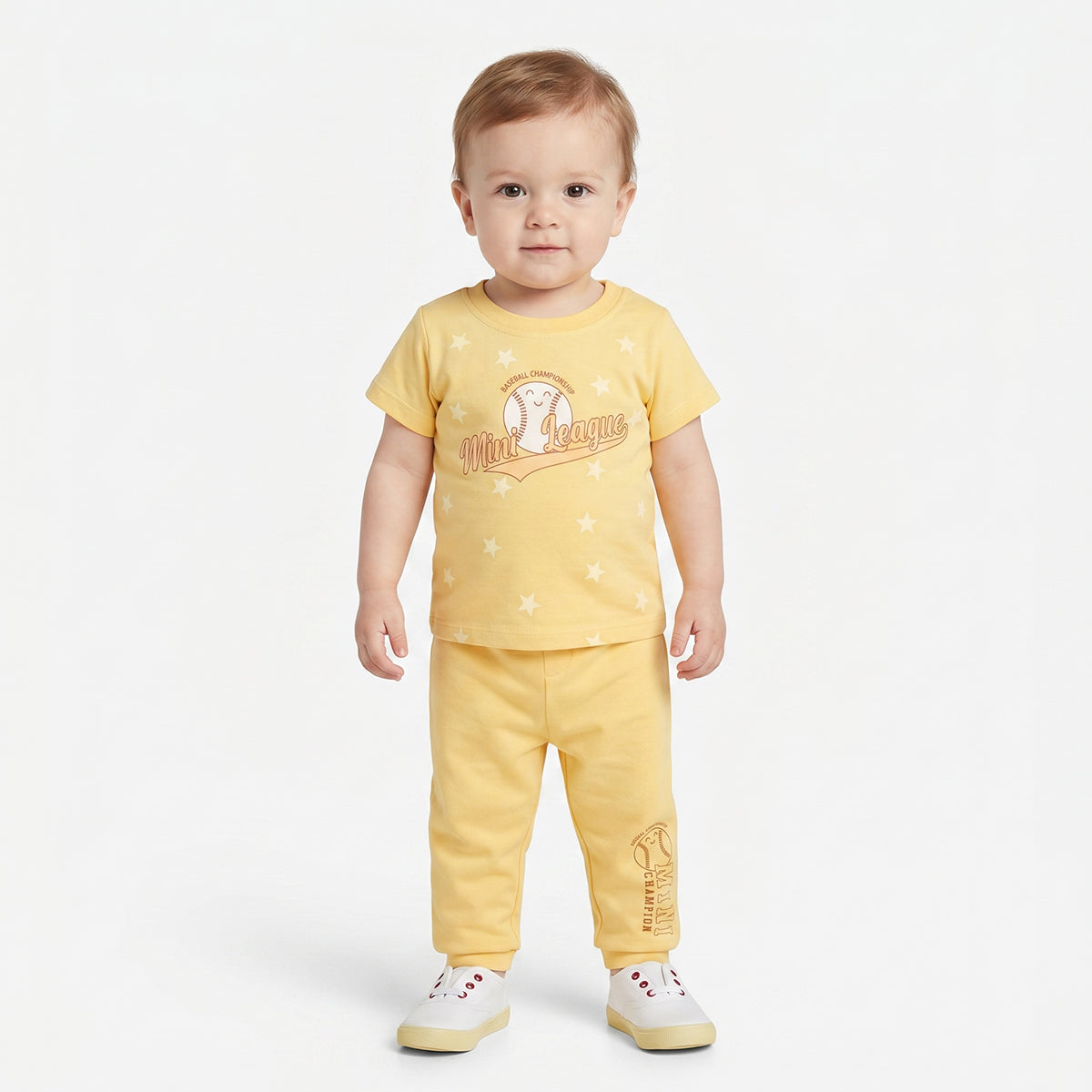 Baby Boys Mini League Print T-Shirts Pack of 2, Yellow and Navy Blue