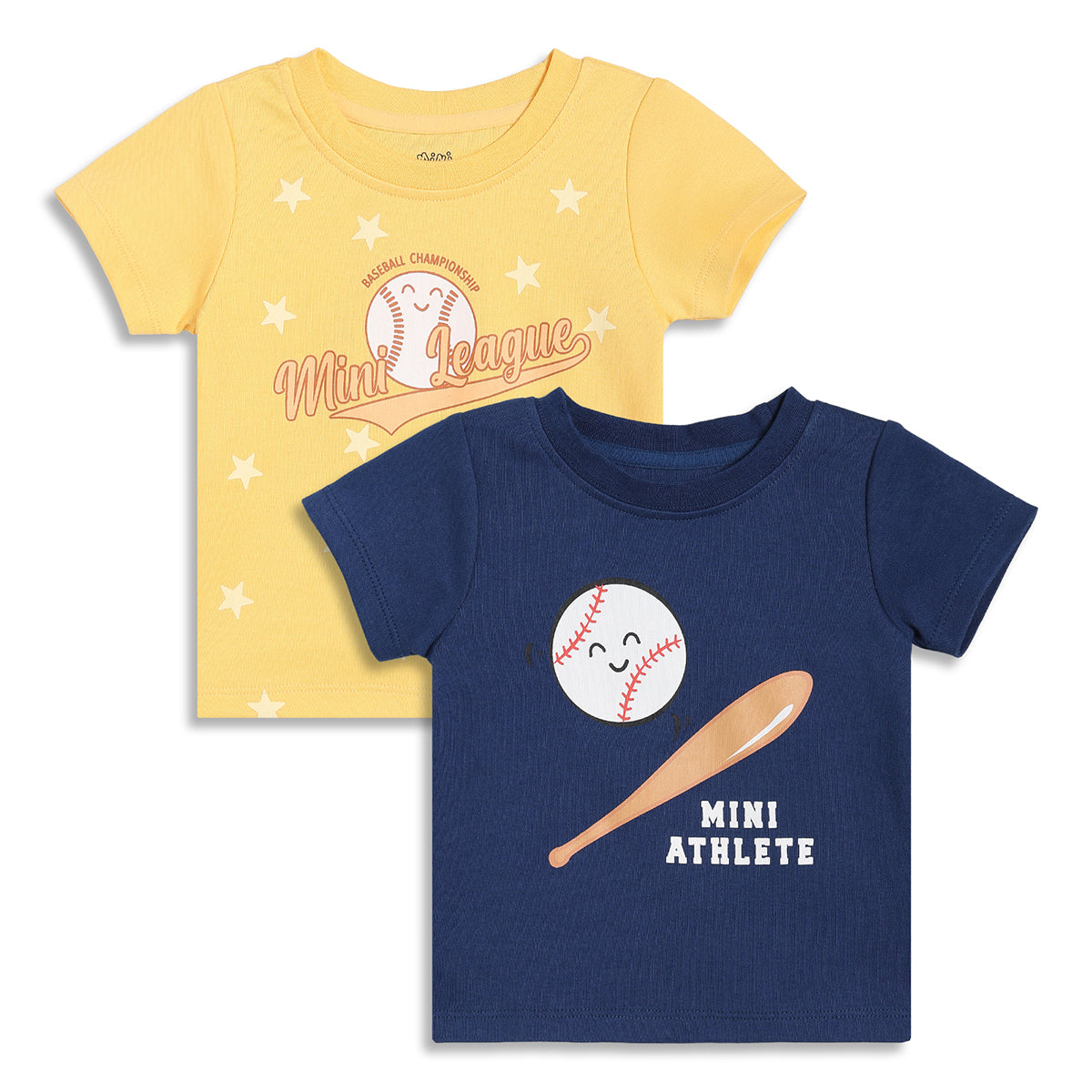 Baby Boys Mini League Print T-Shirts Pack of 2, Yellow and Navy Blue