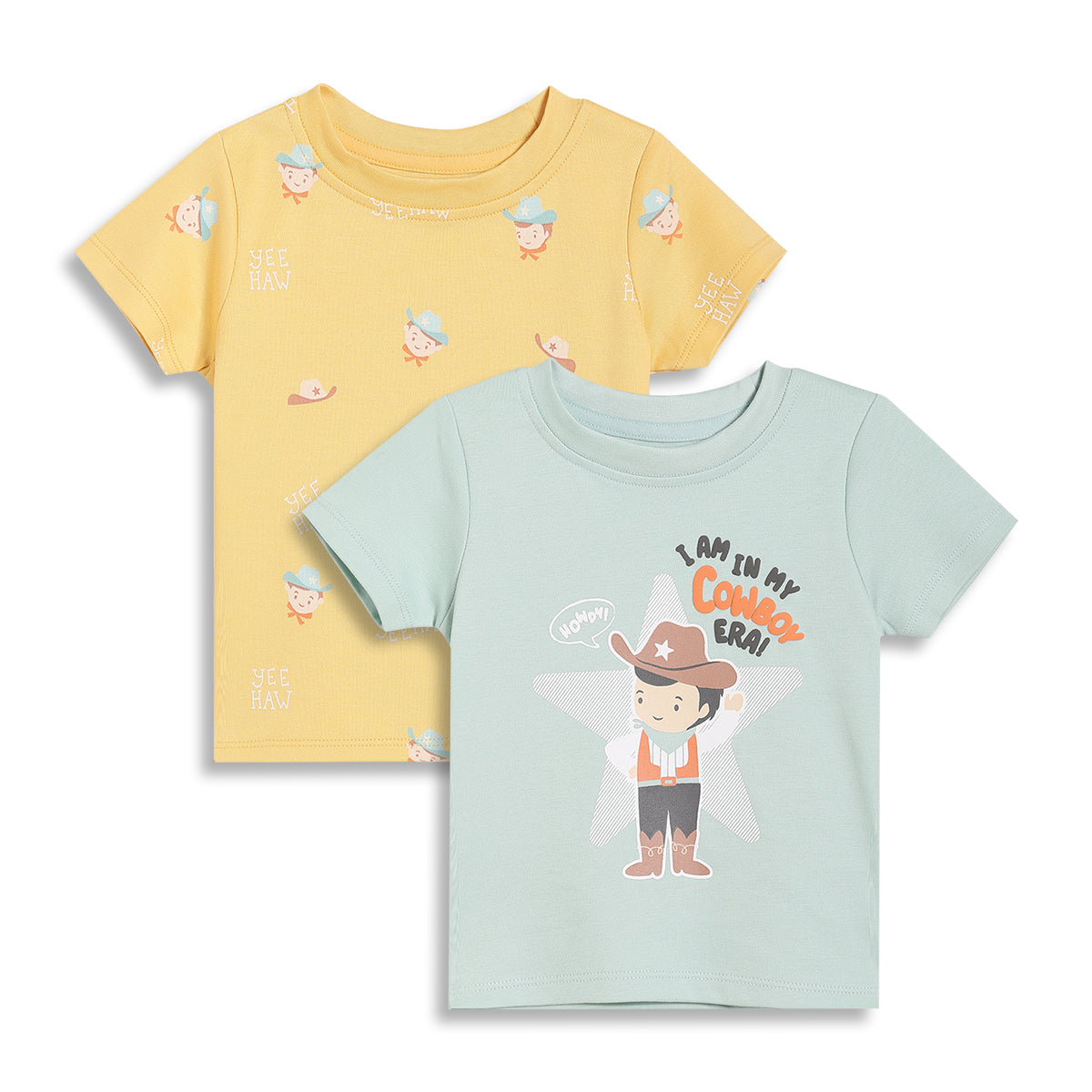 Baby Boys Cowboy Print T-Shirts Pack of 2, Yellow and Mint Green