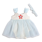 Baby Girls Star Embellished Tulle Dress with Headband, White and Light Blue