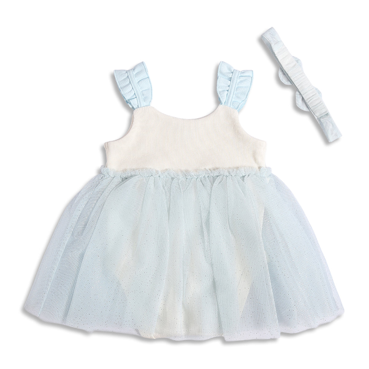 Baby Girls Star Embellished Tulle Dress with Headband, White and Light Blue