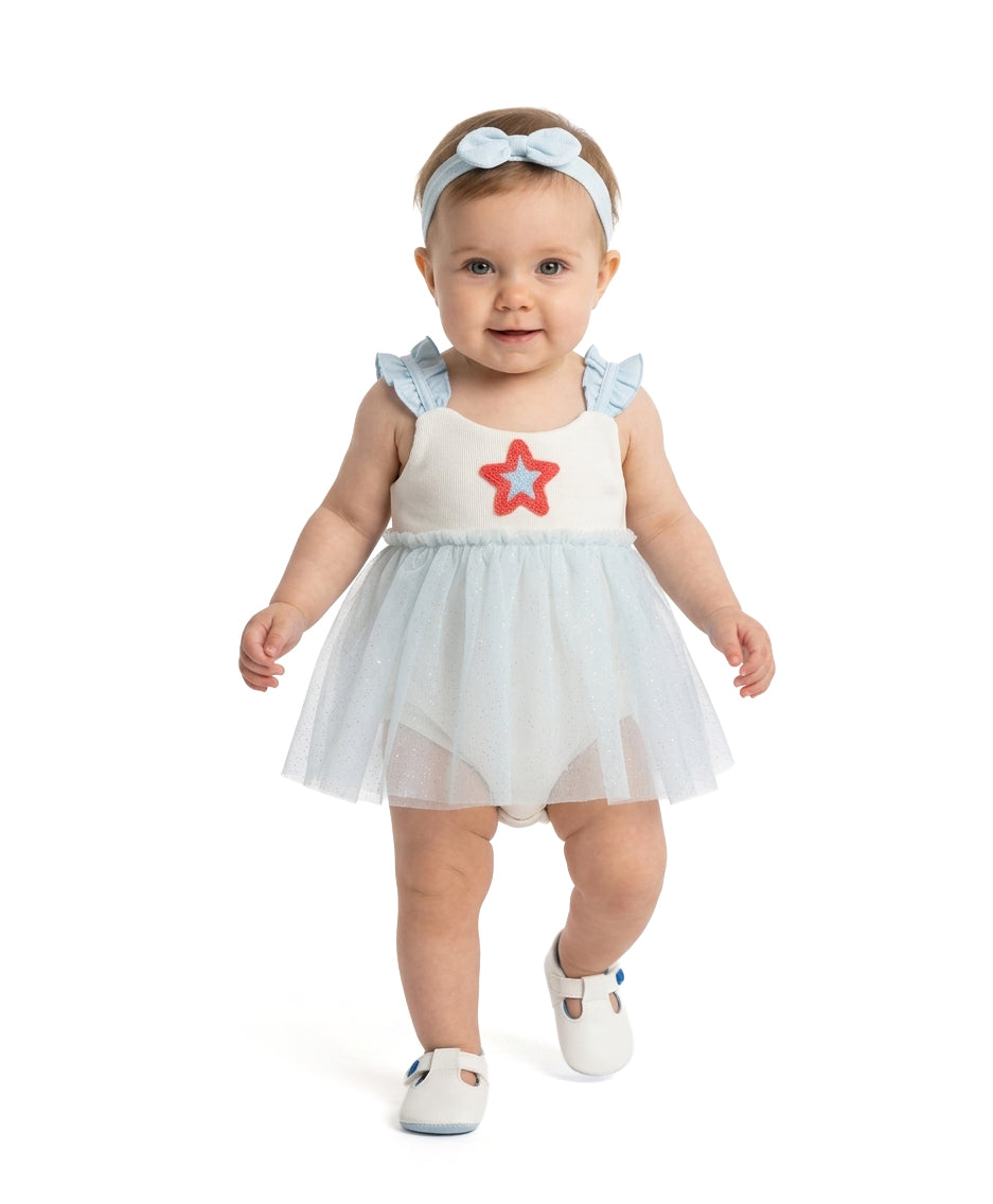 Baby Girls Star Embellished Tulle Dress with Headband, White and Light Blue