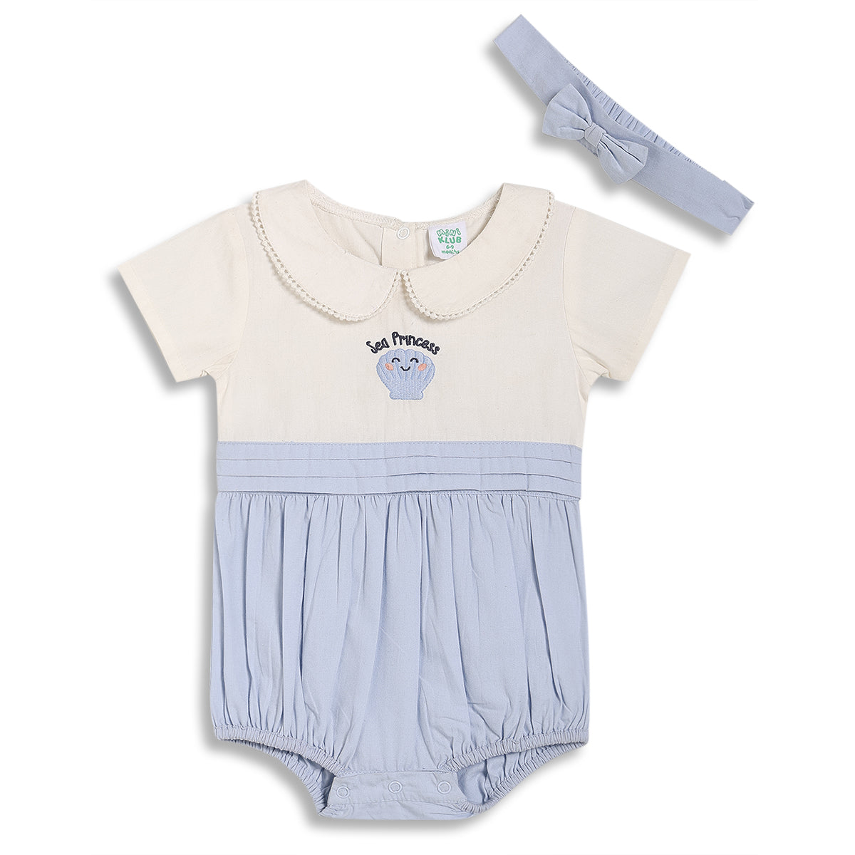 Baby Girls Sea Princess Embroidered Bodysuit with Headband, Blue & Off White