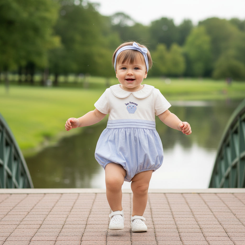 Baby Girls Sea Princess Embroidered Bodysuit with Headband, Blue & Off White