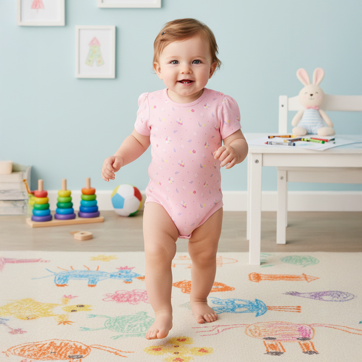 Baby Girls Floral Printed and Graphic Bodysuit Pack of 2, Pink and Cream