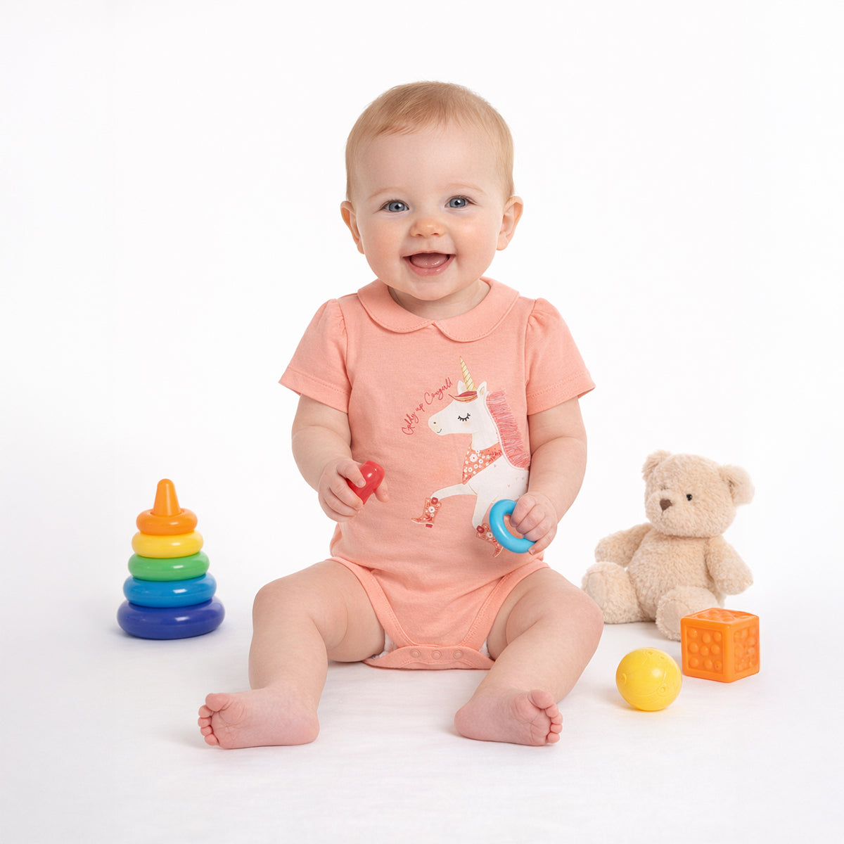 Baby Girls Unicorn Print Bodysuit, Peach