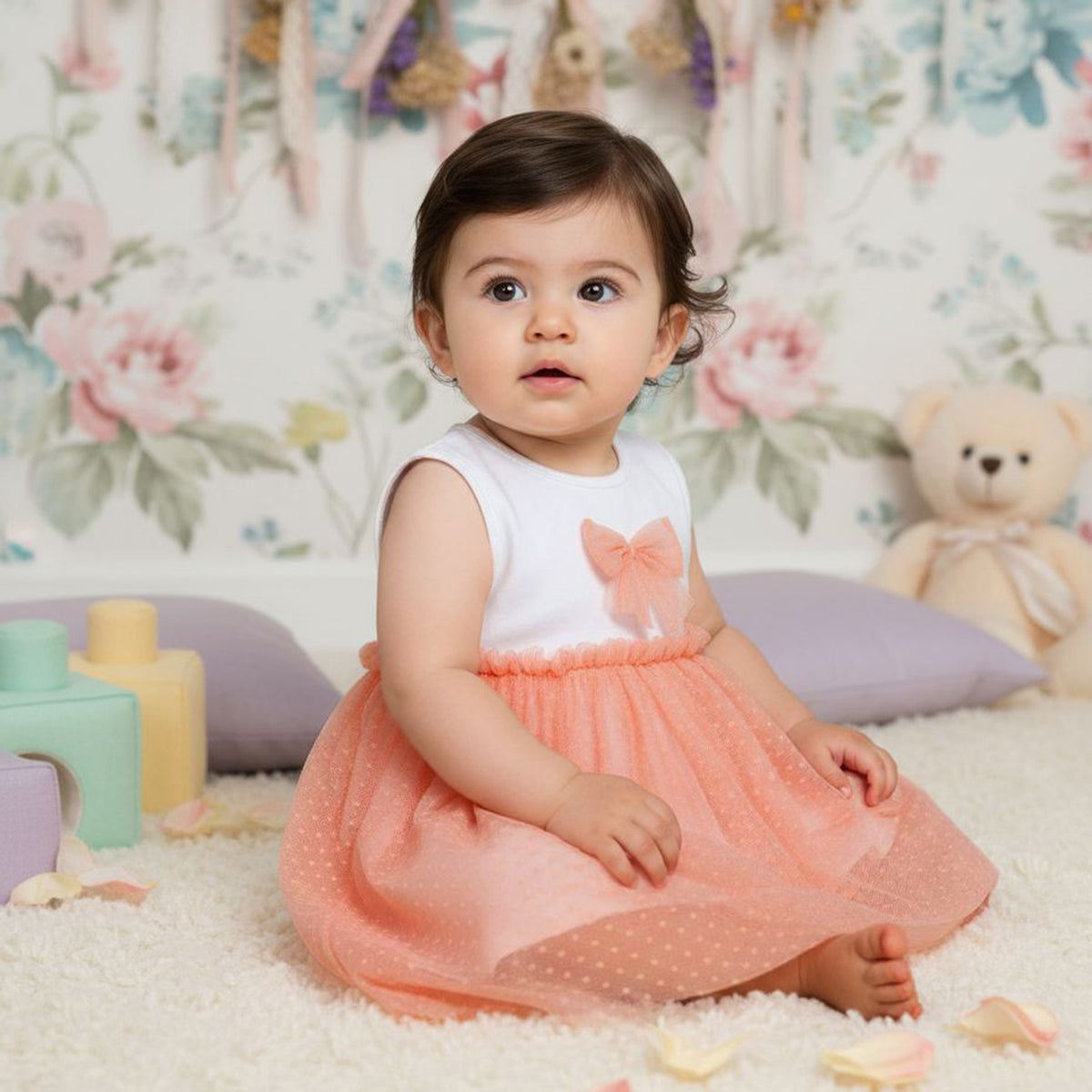 Baby Girls Sleeveless Tulle Bodysuit, Peach