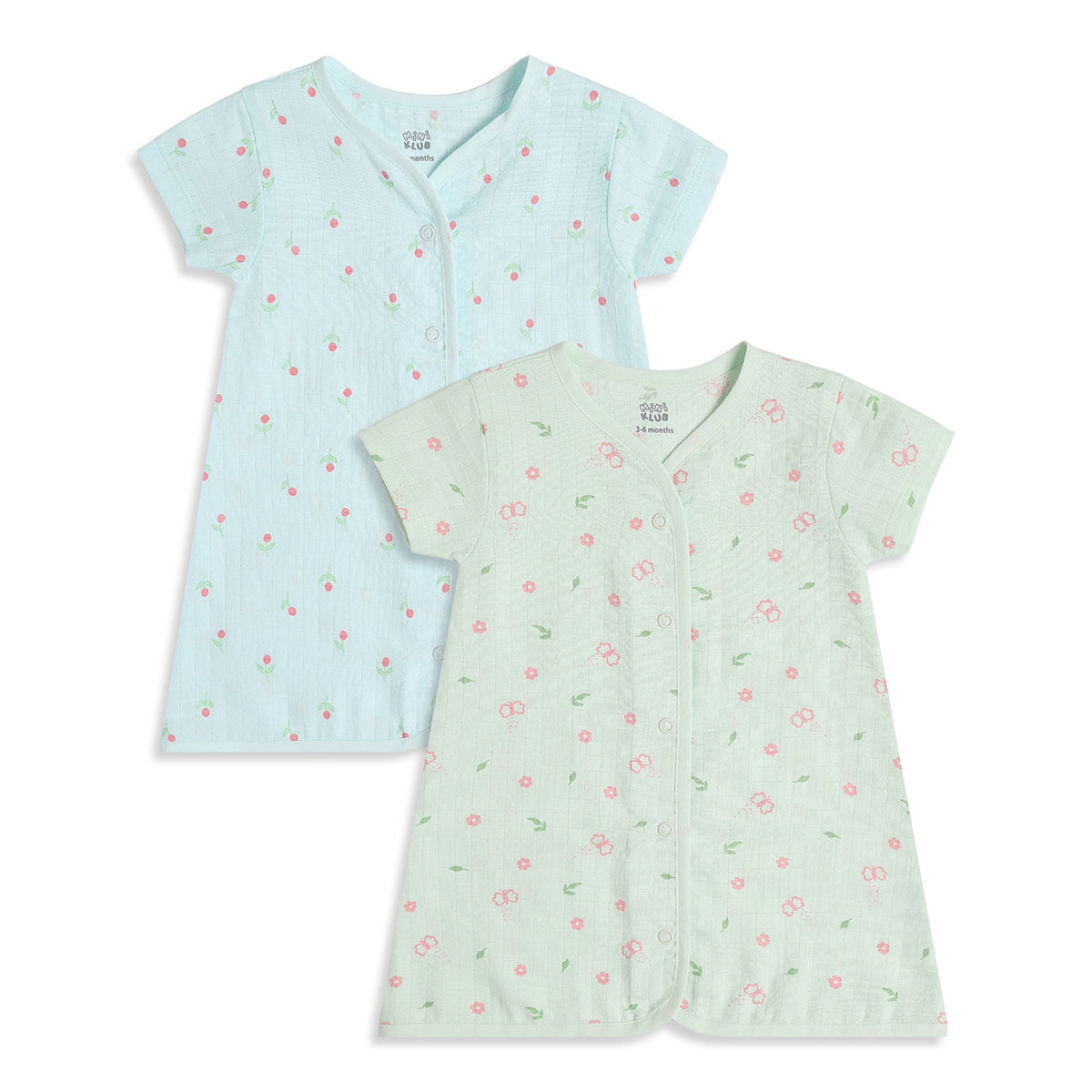 Baby Girls Blue & Green Cotton Muslin Dress Pack of 2 Floral Print Regular Fit Casual Wear