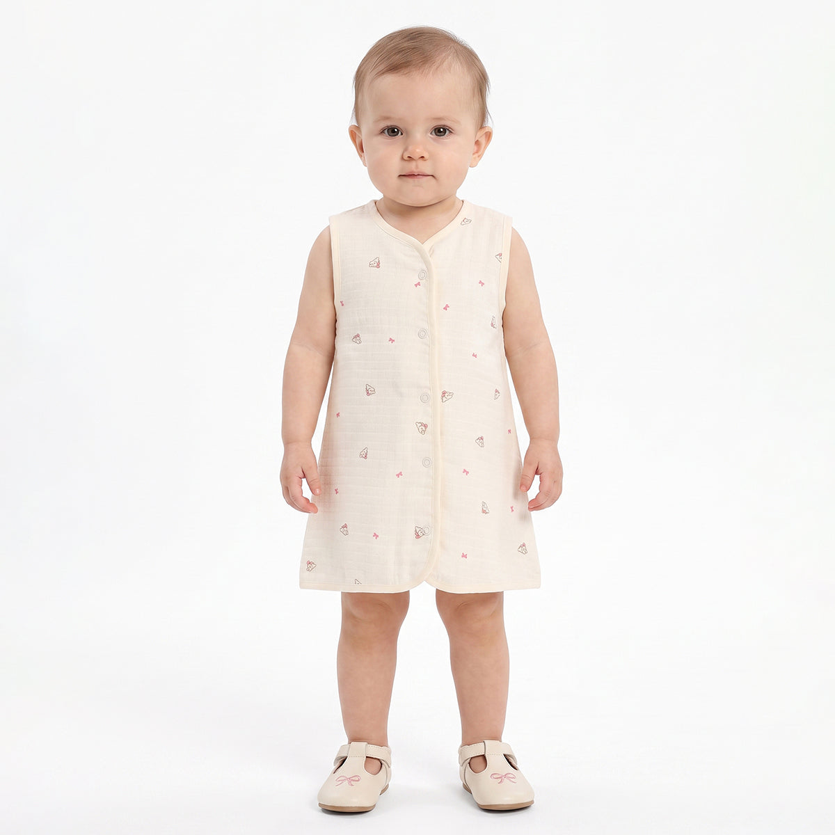 Baby Girls Pink And Cream Cotton Muslin Printed Front Open Dresses Pack Of 2 Regular Fit Casual Wear
