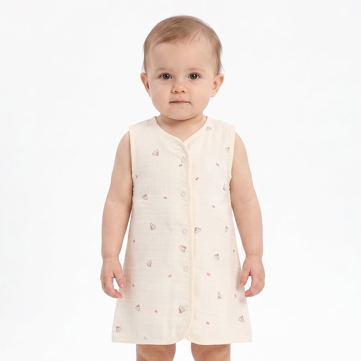 Baby Girls Pink and Cream Muslin Printed Sleeveless Front Open Vests Pack of 2 Regular Fit Casual Wear