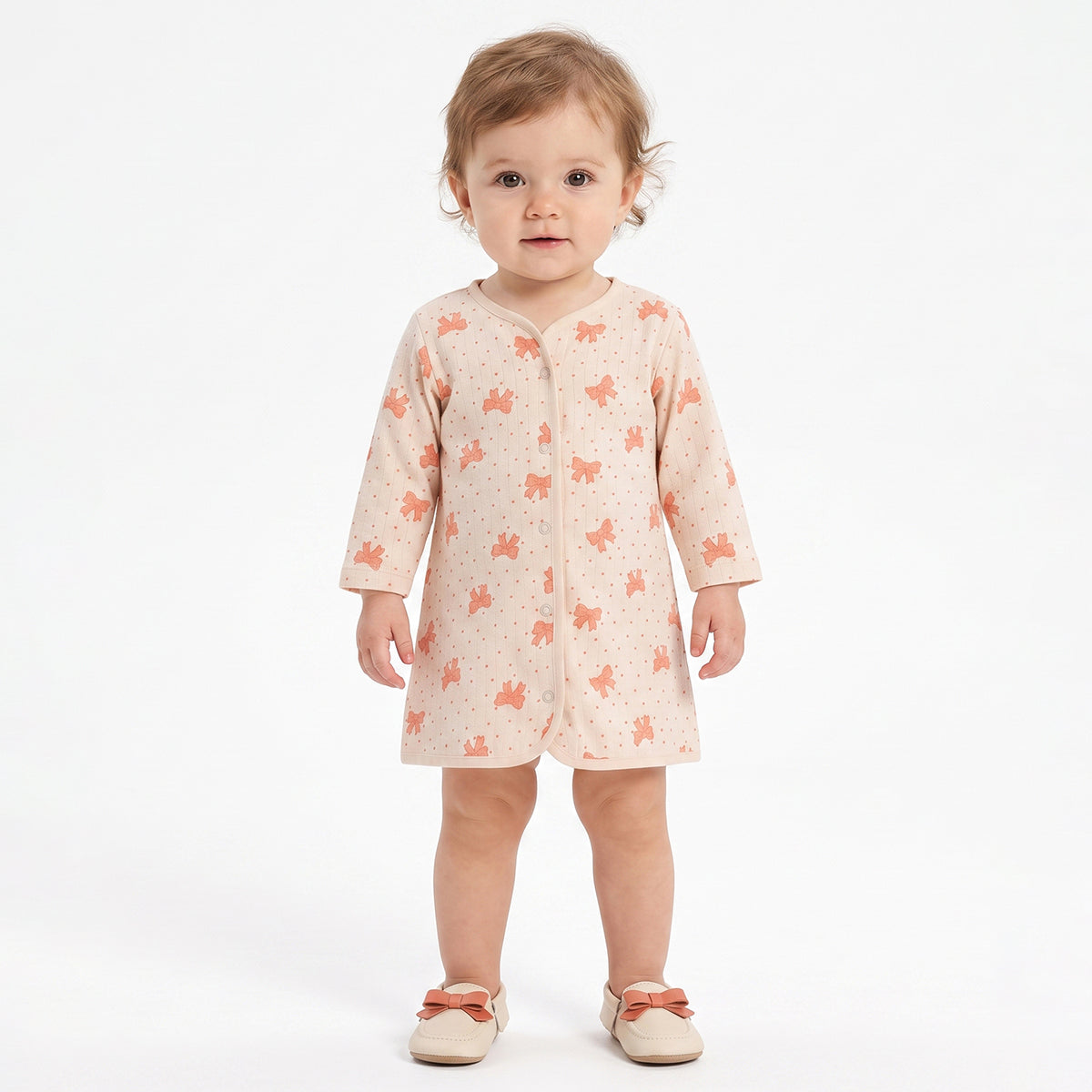 Baby Girls Peach And Cream Cotton Muslin Printed Front Open Dresses Pack Of 2 Regular Fit Casual Wear