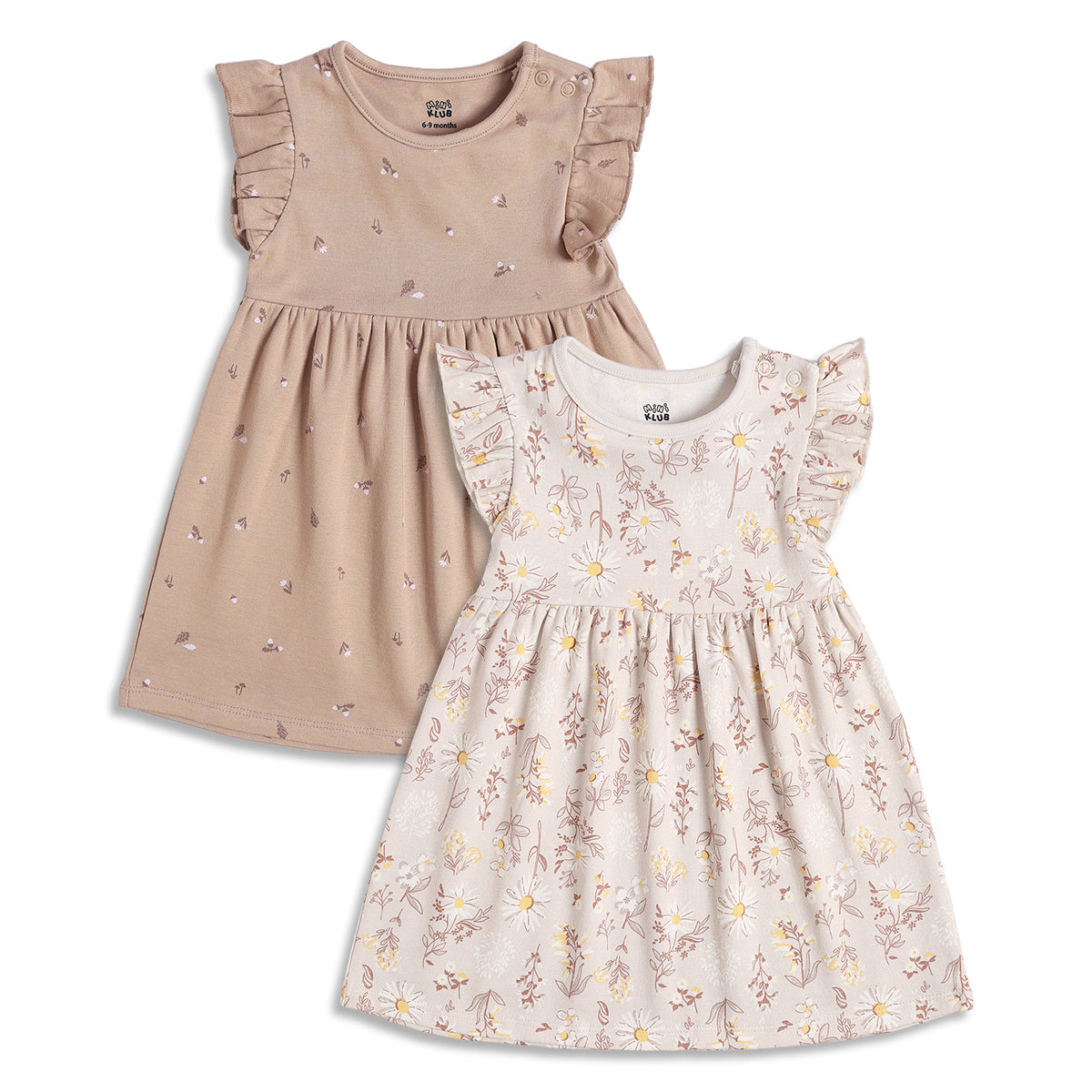 Baby Girls Beige and Cream Floral Printed Cotton Flutter Sleeve Dress Pack of 2 Casual Dresses