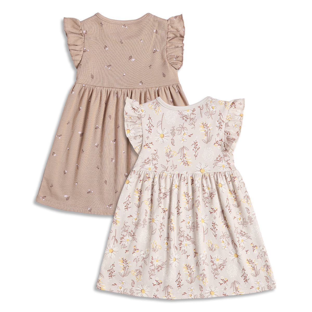 Baby Girls Beige and Cream Floral Printed Cotton Flutter Sleeve Dress Pack of 2 Casual Dresses