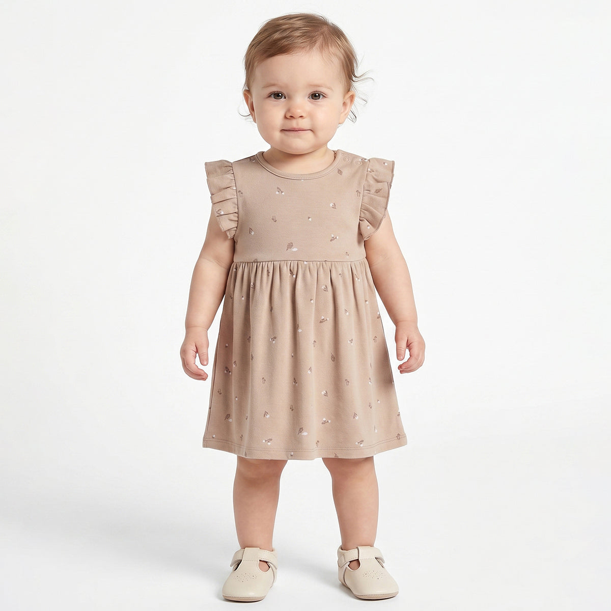 Baby Girls Beige and Cream Floral Printed Cotton Flutter Sleeve Dress Pack of 2 Casual Dresses
