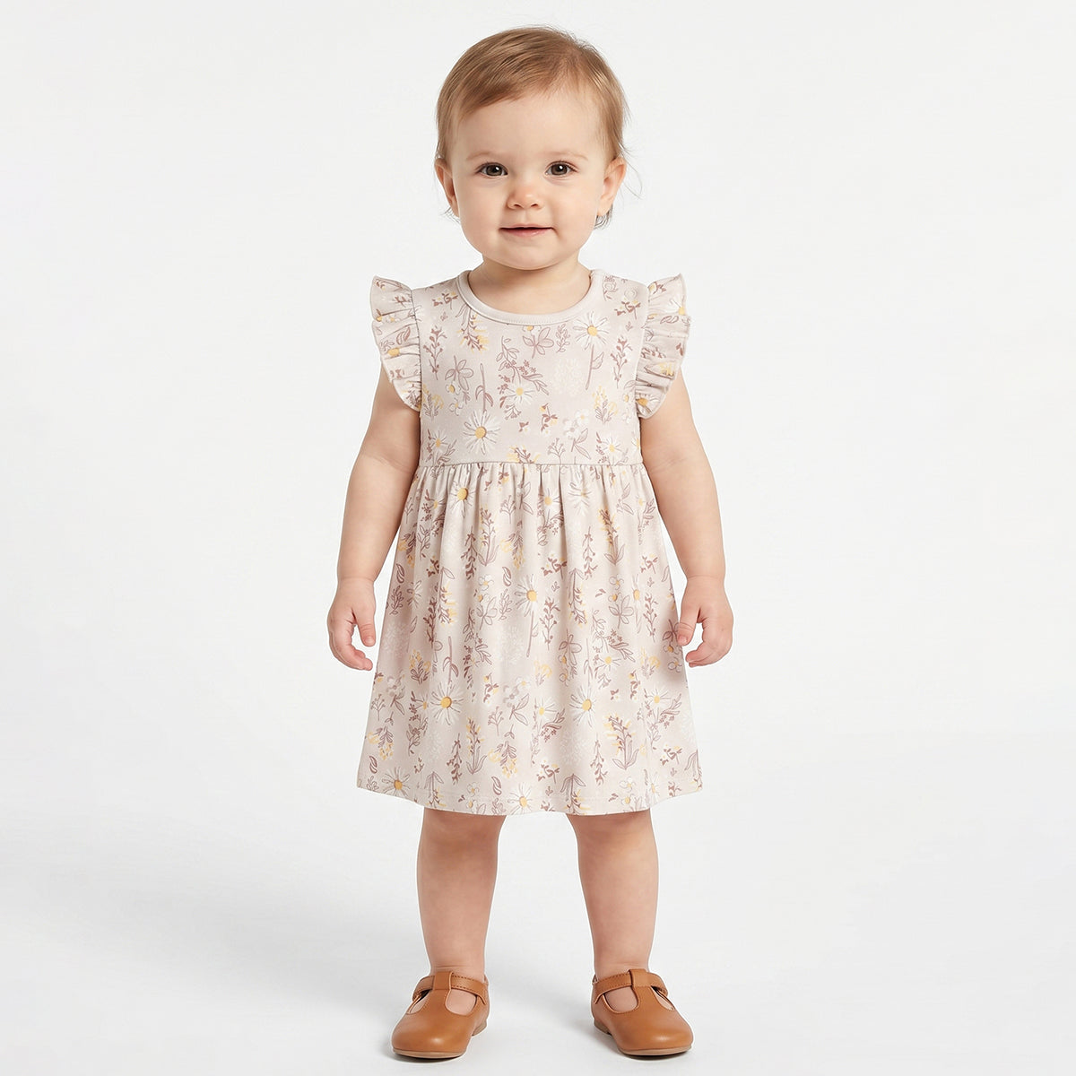 Baby Girls Beige and Cream Floral Printed Cotton Flutter Sleeve Dress Pack of 2 Casual Dresses